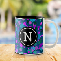 ティール（緑がかった色）上のモノグラムパープルブルーグリッター紙吹雪ドット