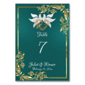 ティール(緑がかった色)上の鳩、ハート、金ゴールドフレーム テーブルナンバー (裏面)