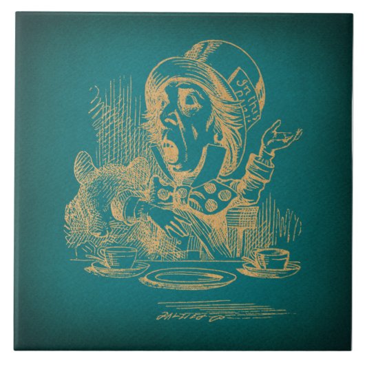 ティール（緑がかった色）不機嫌ハッターアリスinワンダーランドヴィンテージアート タイル (正面)