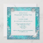 ティール（緑がかった色）仮装キンセアニェラ15thパーティーティアラ靴 招待状 (裏面)