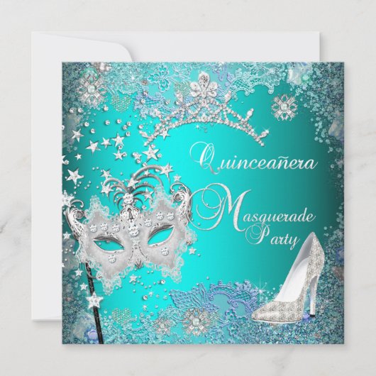 ティール（緑がかった色）仮装キンセアニェラ15thパーティーティアラ靴 招待状 (正面)