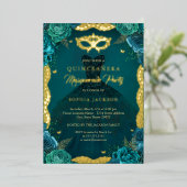 ティール（緑がかった色）仮装パーティーフローラドレスキンセアニェラ 箔招待状 (立ち正面)