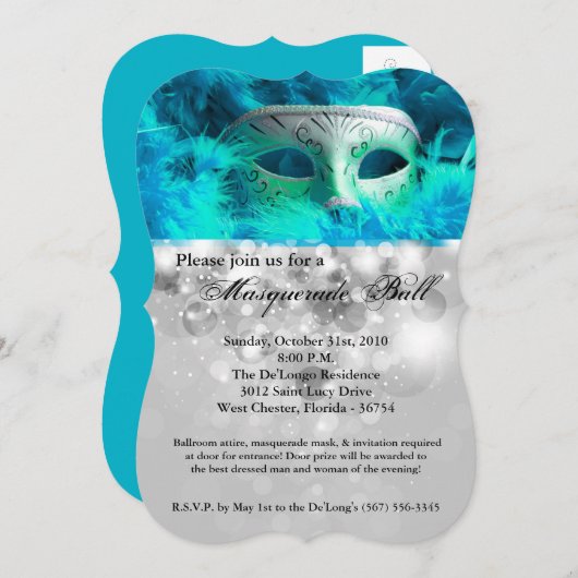 ティール(緑がかった色)仮装ボールマスクの仮装ハロウィーン部品 招待状 (正面/裏面)