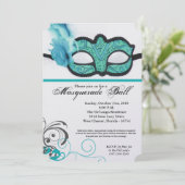 ティール(緑がかった色)仮装ボールマスクの仮装ハロウィーン部品 招待状 (スタンド正面)