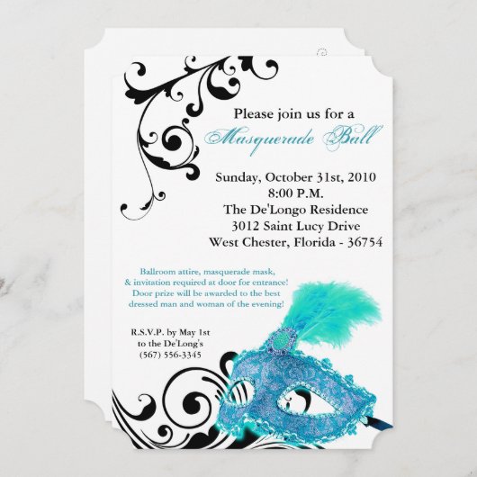 ティール(緑がかった色)仮装ボールマスクの仮装ハロウィーン部品 招待状 (正面/裏面)