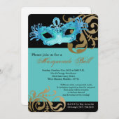 ティール（緑がかった色）仮装マスクボール仮装ハロウィーン 招待状 (正面/裏面)