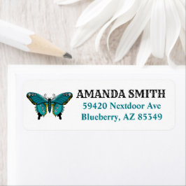 ティール（緑がかった色）伝統的タトゥーバタフライ ラベル