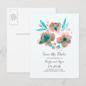 ティール（緑がかった色）保存日付 – 水彩の花 案内ポストカード (正面/裏面)