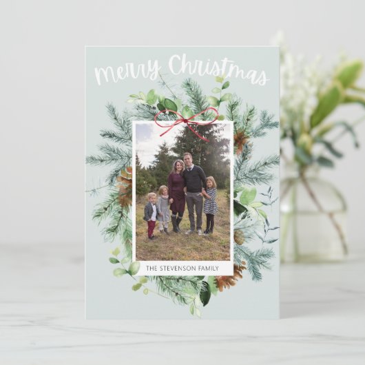 ティール（緑がかった色）写真クリスマスグリーンのグリーティングカード (スタンド正面)