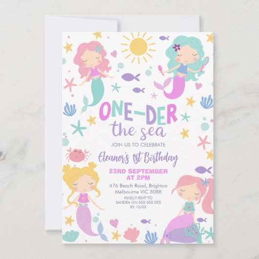 ティール（緑がかった色）写真マーメイドオンダーザシー1歳の誕生日 招待状 (正面)