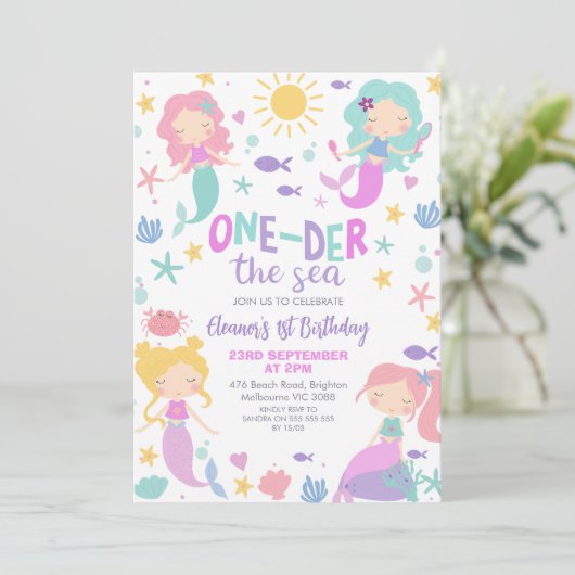 ティール（緑がかった色）写真マーメイドオンダーザシー1歳の誕生日 招待状 (スタンド正面)