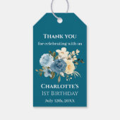 ティール(緑がかった色)写真第1回誕生日コラージュブルーイエローフラワー ギフトタグ (裏面)