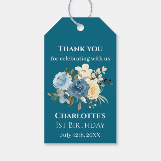 ティール(緑がかった色)写真第1回誕生日コラージュブルーイエローフラワー ギフトタグ (裏面)