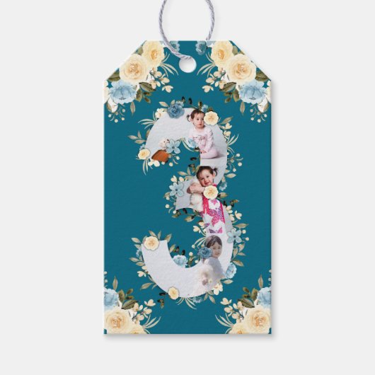 ティール（緑がかった色）写真第3回誕生日コラージュ青黄色の花 ギフトタグ (正面)