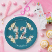 ティール（緑がかった色）写真12誕生日コラージュ黄色の花 ペーパープレート (パーティー)