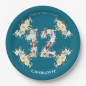 ティール（緑がかった色）写真12誕生日コラージュ黄色の花 ペーパープレート (正面)