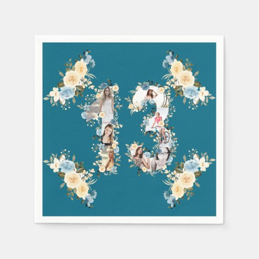 ティール(緑がかった色)写真13誕生日コラージュ黄色の花 スタンダードカクテルナプキン (正面)