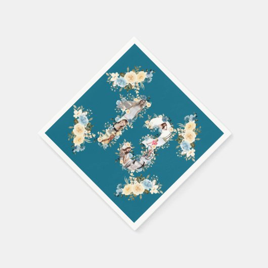 ティール(緑がかった色)写真13誕生日コラージュ黄色の花 スタンダードカクテルナプキン (角)