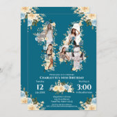 ティール（緑がかった色）写真14誕生日コラージュ黄色の花 招待状 (正面/裏面)