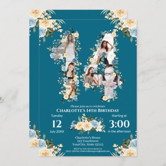 ティール（緑がかった色）写真14誕生日コラージュ黄色の花 招待状 (正面/裏面)