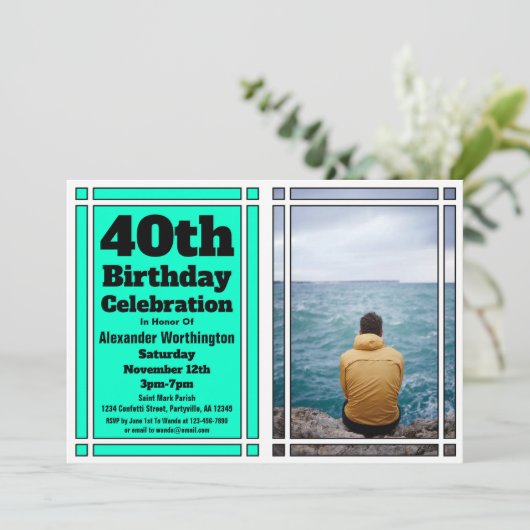 ティール（緑がかった色）写真40th誕生日パーティの招待状 招待状 (スタンド正面)
