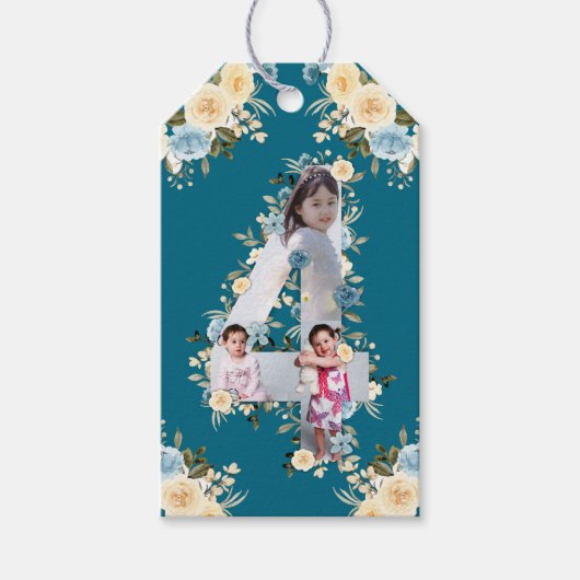ティール（緑がかった色）写真4thバースデーコラージブルーイエローフラワー ギフトタグ (正面)