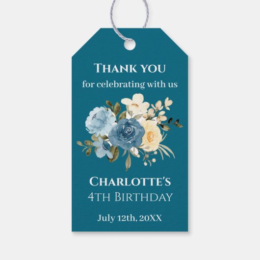 ティール（緑がかった色）写真4thバースデーコラージブルーイエローフラワー ギフトタグ (裏面)