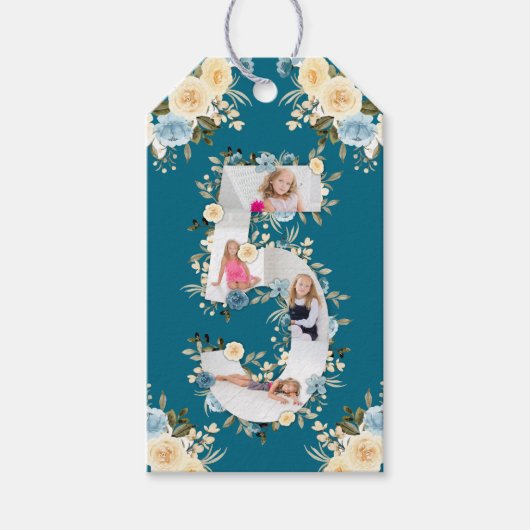 ティール(緑がかった色)写真5誕生日コラージブルーイエローフラワー ギフトタグ (正面)