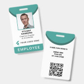 ティール（緑がかった色）写真ID QRコード従業員会社 バッジ (正面＆裏面)
