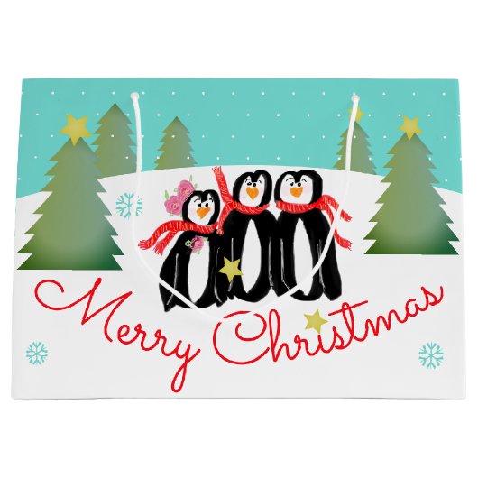 ティール（緑がかった色）冬のシーン ラージペーパーバッグ (正面)