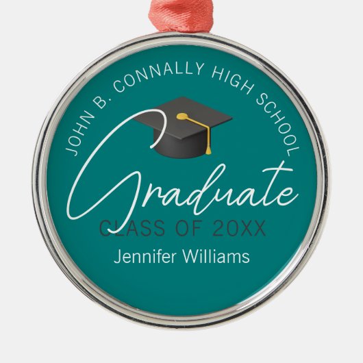 ティール（緑がかった色）卒業パーソナライズされたクリスマス メタルオーナメント (正面)