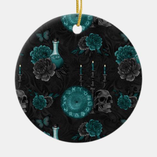 ティール（緑がかった色）〔占星術の〕十二宮図魔法 |グリーンゴシックスカルバラ セラミックオーナメント (正面)
