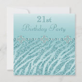 ティール(緑がかった色)印刷された宝石&ゼブラグリッター21歳の誕生日 招待状 (正面)