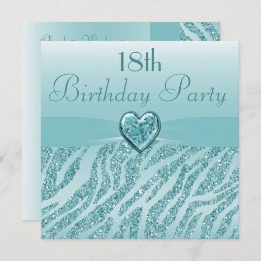 ティール（緑がかった色）印刷ハート&ゼブラグリッター18th誕生日 招待状 (正面/裏面)