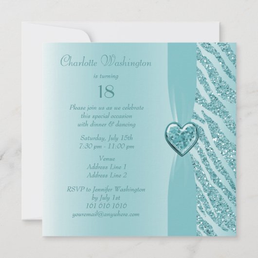 ティール（緑がかった色）印刷ハート&ゼブラグリッター18th誕生日 招待状 (裏面)