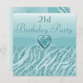 ティール(緑がかった色)印刷ハート&ゼブラグリッター21歳誕生日 招待状 (正面/裏面)