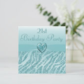 ティール(緑がかった色)印刷ハート&ゼブラグリッター21歳誕生日 招待状 (スタンド正面)