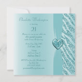 ティール(緑がかった色)印刷ハート&ゼブラグリッター21歳誕生日 招待状 (裏面)