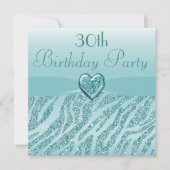 ティール(緑がかった色)印刷ハート&ゼブラグリッター30歳誕生日 招待状 (正面)