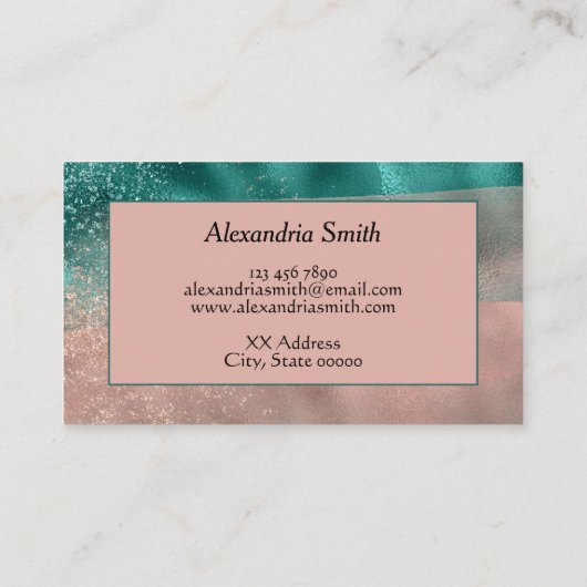 ティール（緑がかった色）及びソフト赤面グラデーションピンクフォイル名刺 名刺 (裏面)