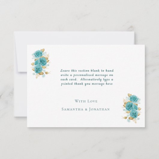 ティール（緑がかった色）及びターコイズバラエレガントサンキューカード サンキューカード (裏面)