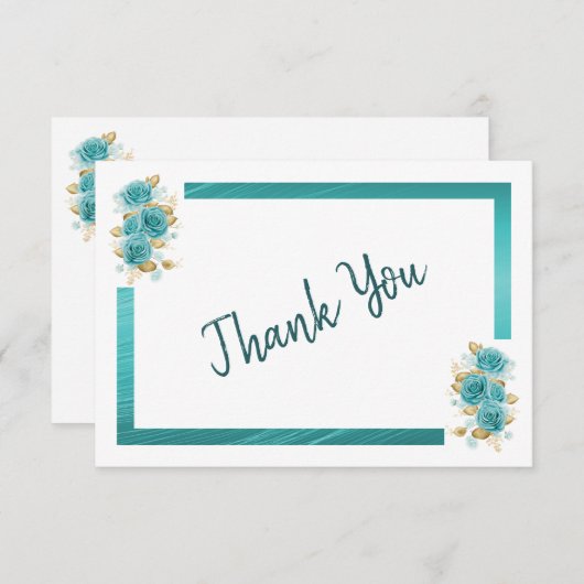 ティール(緑がかった色)及びターコイズバラエレガントサンキューカード サンキューカード (正面/裏面)