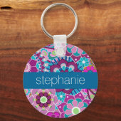 ティール(緑がかった色)及びピンクの花の模様カスタムベビー名 キーホルダー (正面)