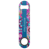 ティール（緑がかった色）及びピンクの花の模様カスタムベビー名 スピード栓抜き (裏面)