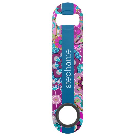 ティール（緑がかった色）及びピンクの花の模様カスタムベビー名 スピード栓抜き (正面)