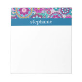 ティール(緑がかった色)及びピンクの花の模様カスタムベビー名 ノートパッド (正面)