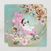 ティール（緑がかった色）及びピンクシューズバラベビーシャワー 招待状 (正面/裏面)