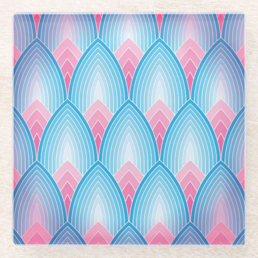 ティール(緑がかった色)及びピンク花びら模様 ガラスコースター (正面)