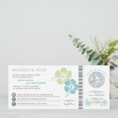 ティール(緑がかった色)及びライムのハイビスカスの花の搭乗券の結婚式 招待状 (スタンド正面)