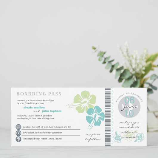 ティール(緑がかった色)及びライムのハイビスカスの花の搭乗券の結婚式 招待状 (スタンド正面)
